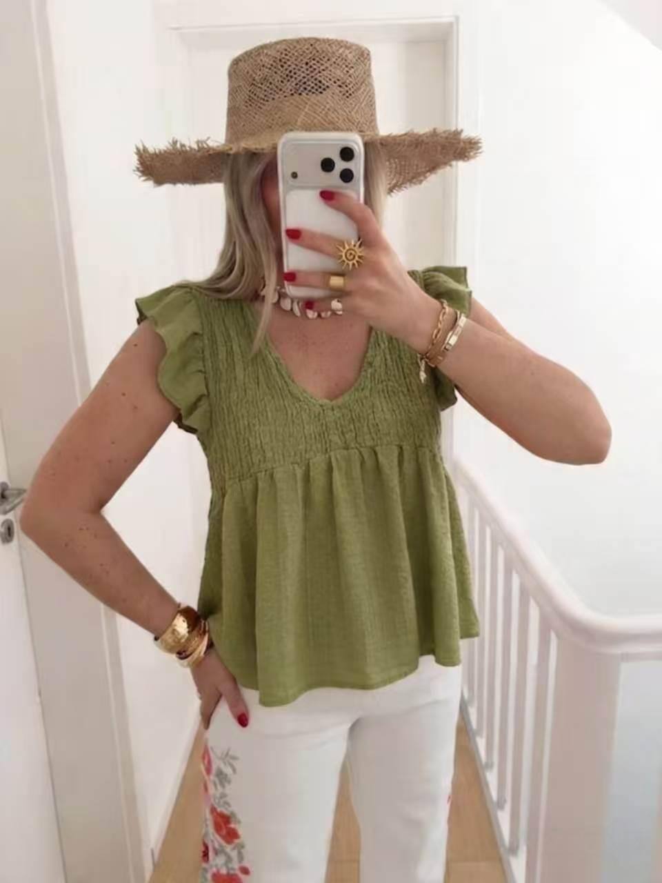 Wholesaler ESTEE - COTTON BLOUSE, SHORT SLEEVES, ELASTICATED AT THE CHEST