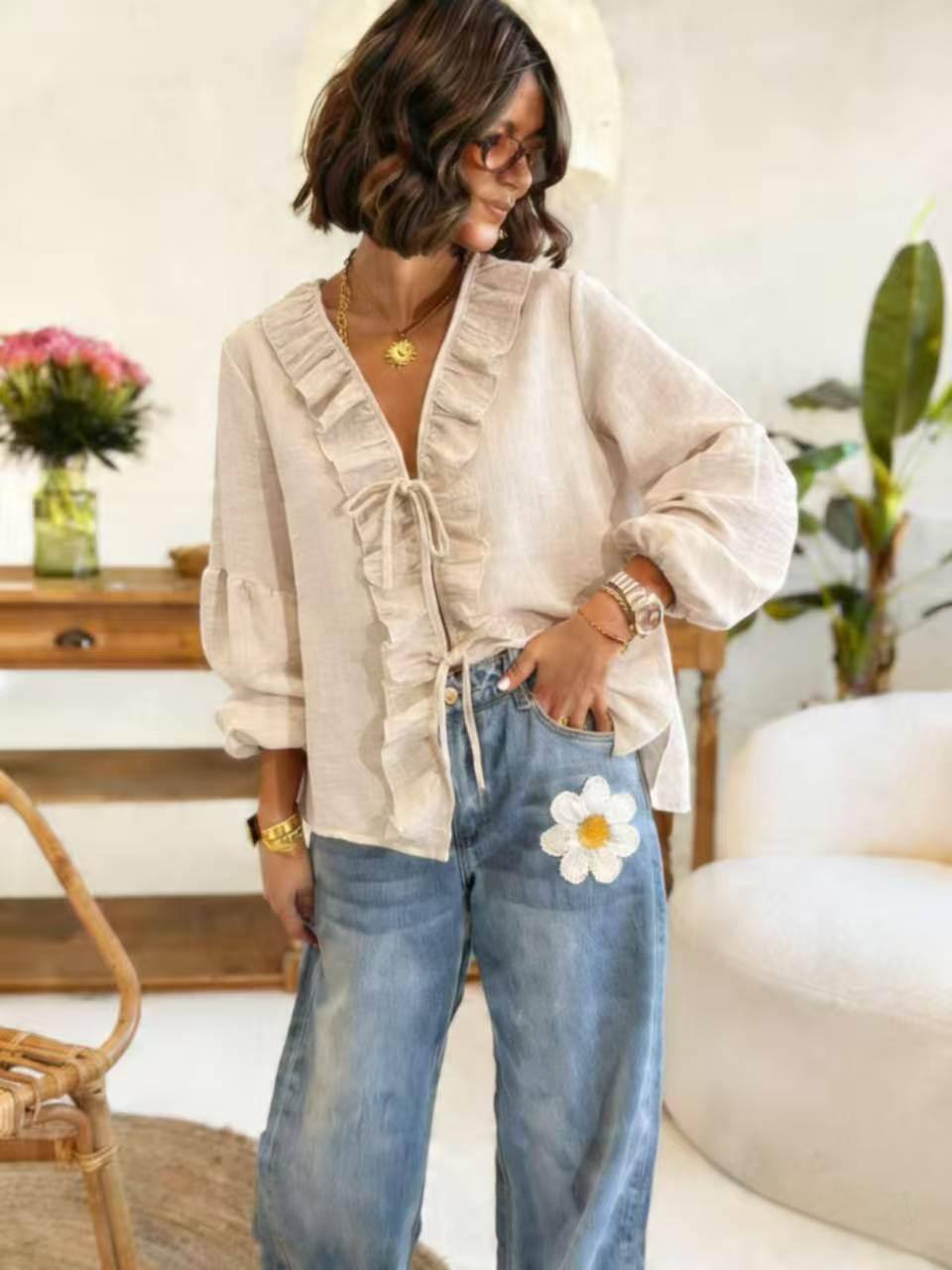 Wholesaler ESTEE - LINEN-EFFECT BLOUSE WITH FLUFFY BOWS