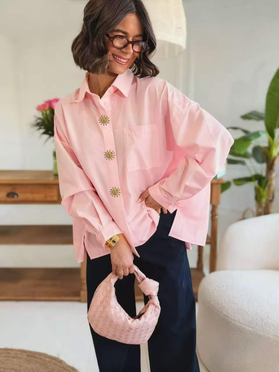 Wholesaler ESTEE - COTTON SHIRT, PLEATS IN THE BACK, WITH 3 SUN BROOCHES