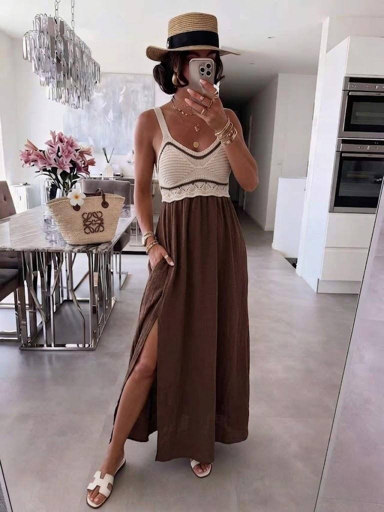 Wholesaler ESTEE - LONG DRESS WITH 2 POCKETS, ELASTICATED TOP AND SLIT SKIRT