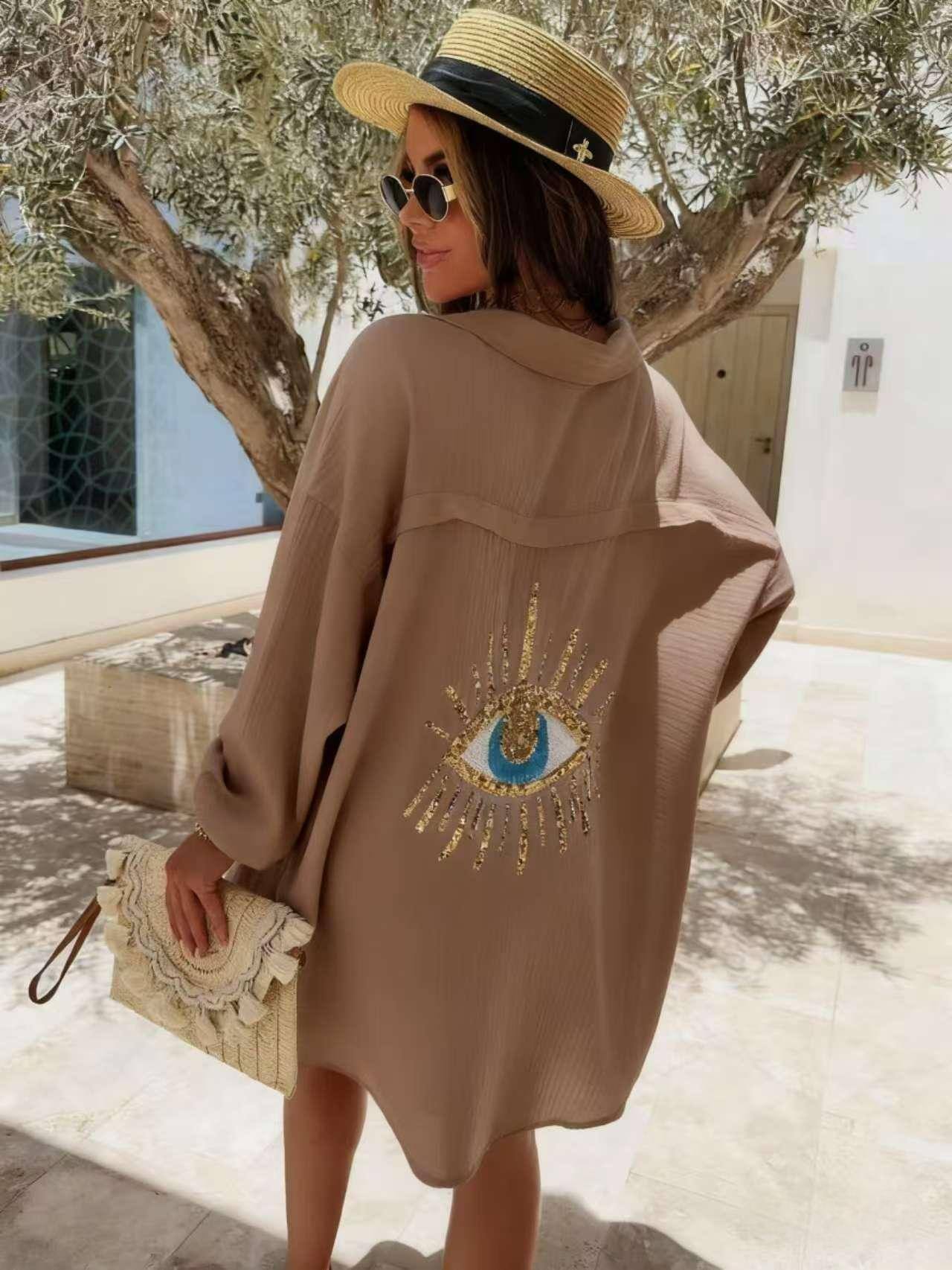 Wholesaler ESTEE - OVERSIZED LONG SHIRT, EYE EMBROIDERY, COTTON GAUZE