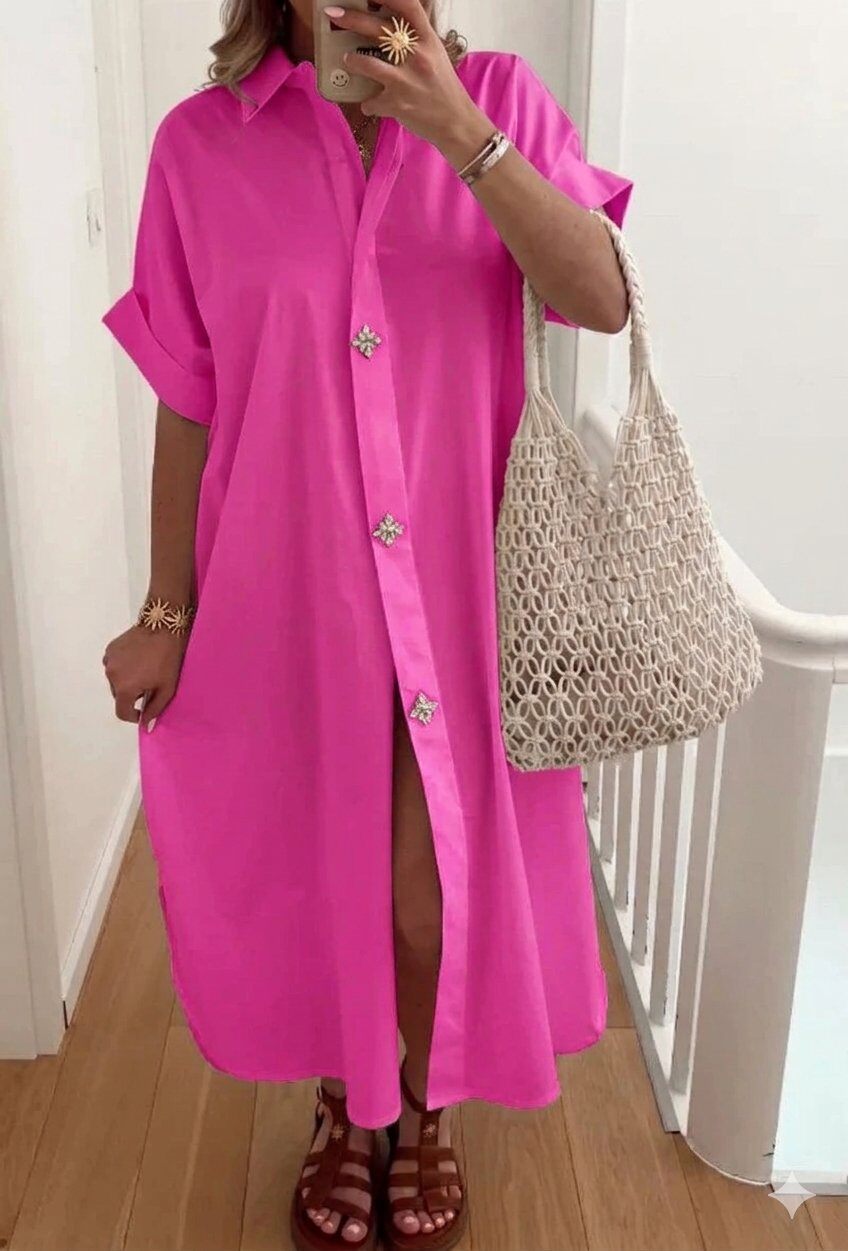 Wholesaler ESTEE - COTTON SHIRT DRESS, TWO SIDE POCKETS, WITH DIAMOND DETAIL, SOFT AND COMFORTABLE MATERIAL.
