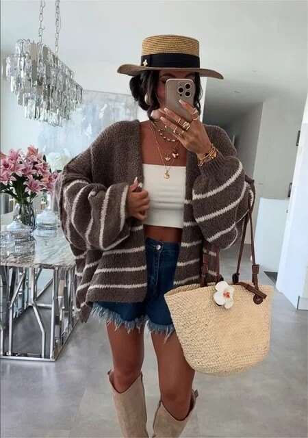 Grossiste ESTEE - CARDIGAN EN LAINE DOUCE, RAYURES OVERSIZE