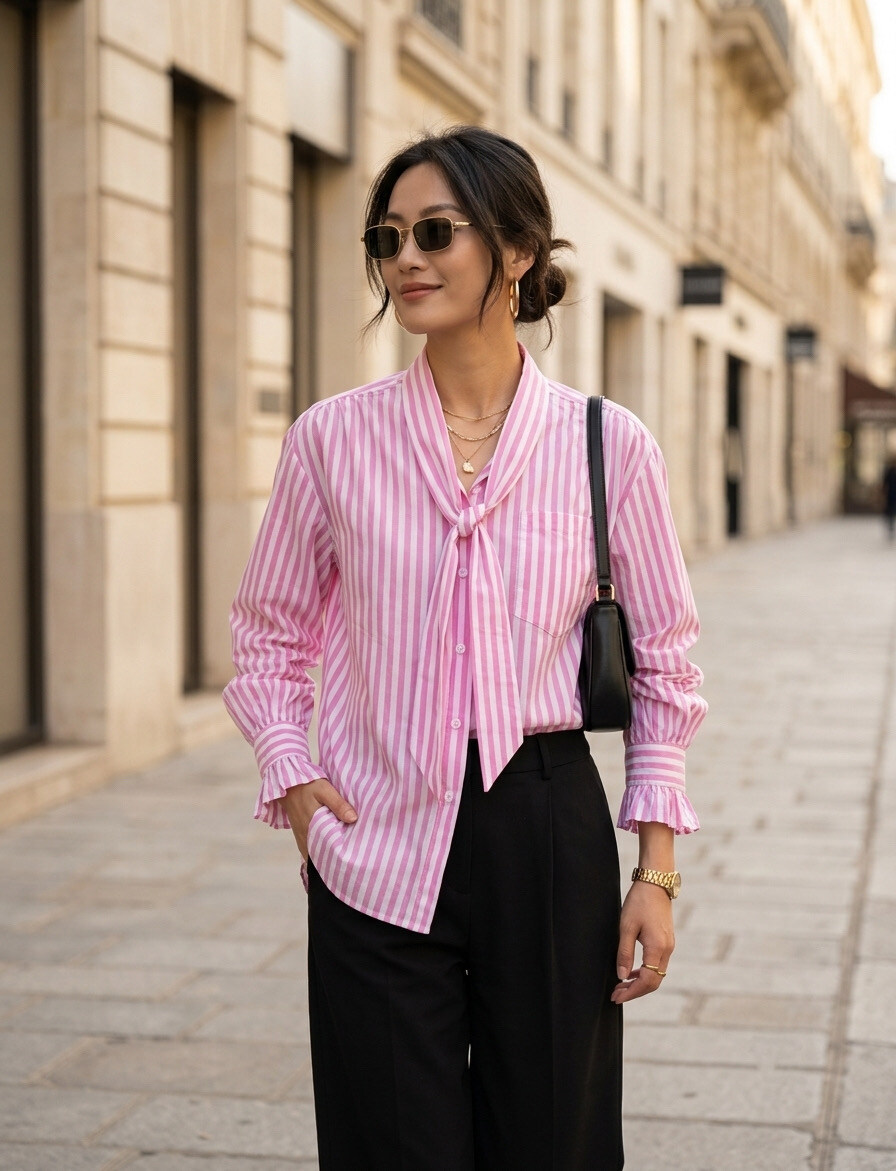 Grossiste Esther.H Paris - Chemise rayée manches longues, col à nouer