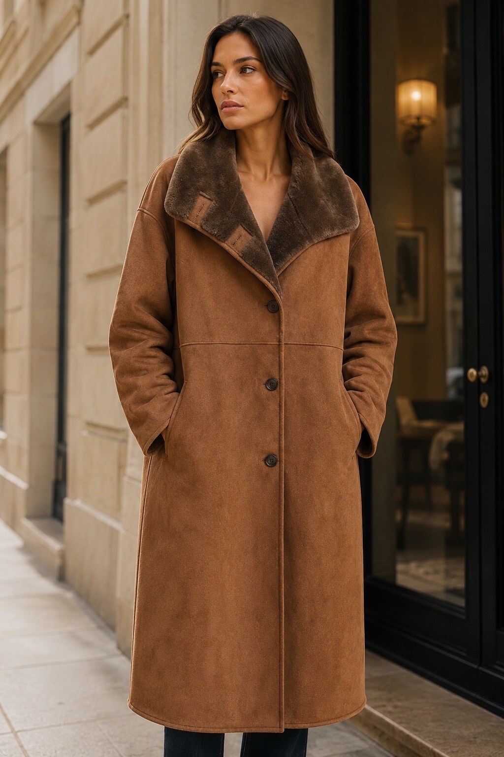 Grossista Esther.H Paris - Giacca Lunga Reversibile Metà Pelliccia Metà Camoscio