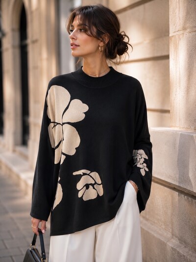 Grossista Esther.H Paris - Maglione Nero con Stampe Beige Grossista Esther.H Paris - Maglione Nero con Stampe Beige