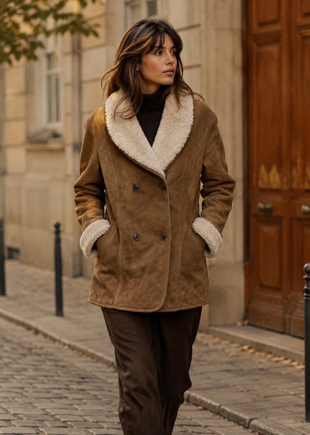 Grossiste Esther.H Paris - Veste effet daim avec fourrure moutonnée sur le col