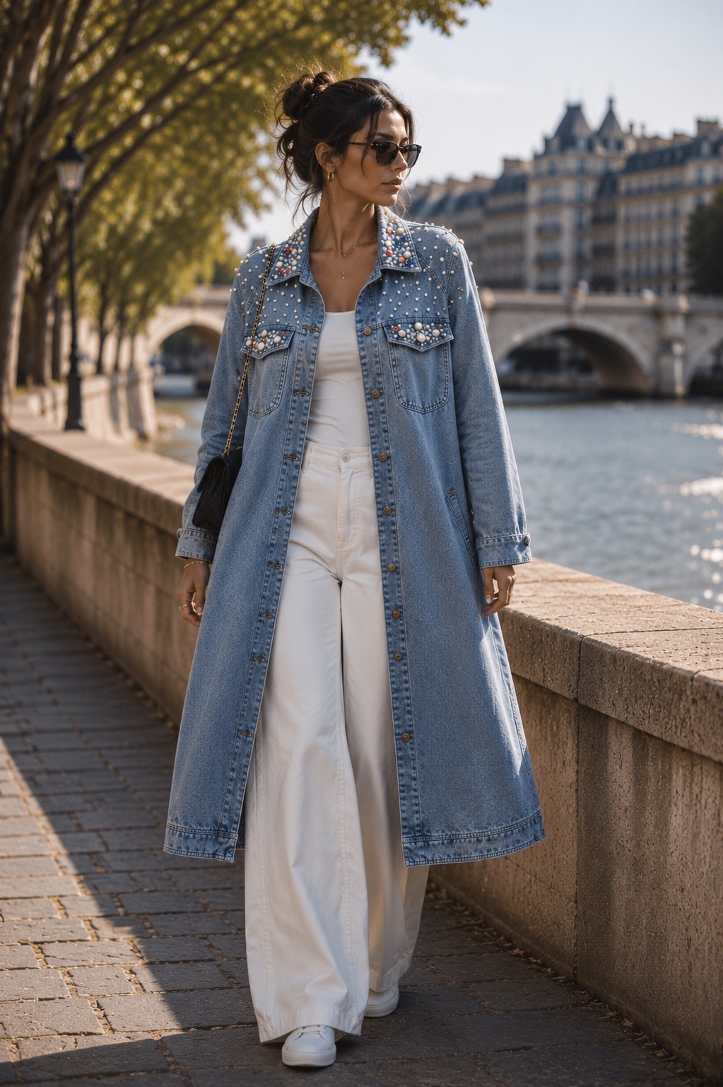 Großhändler Esther.H Paris - Lange Jeansjacke mit bunten Strasssteinen