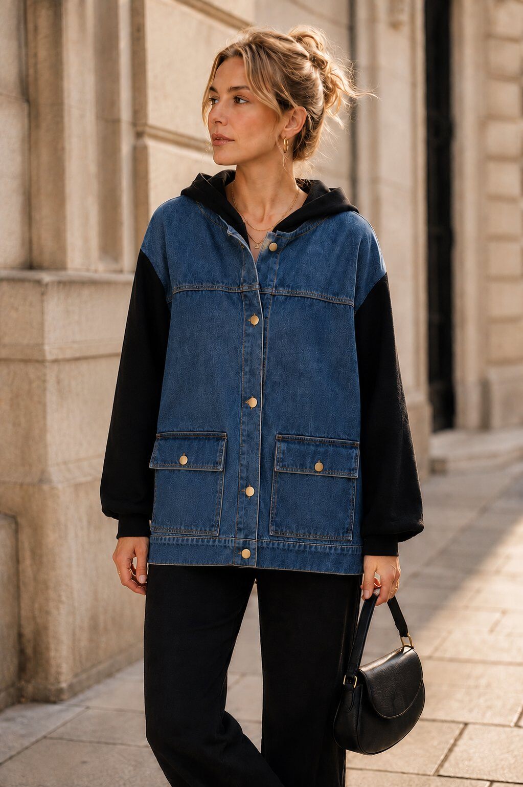 Großhändler Esther.H Paris - Zweifarbige Fleece- und Denim-Kapuzenjacke