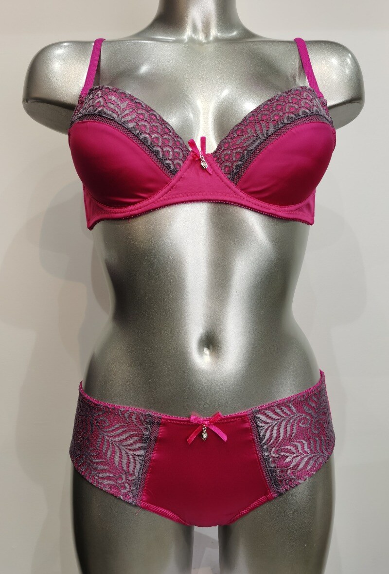 Mayorista ESTHER QUEEN - Conjunto de sujetador acolchado + tanga fucsia/gris