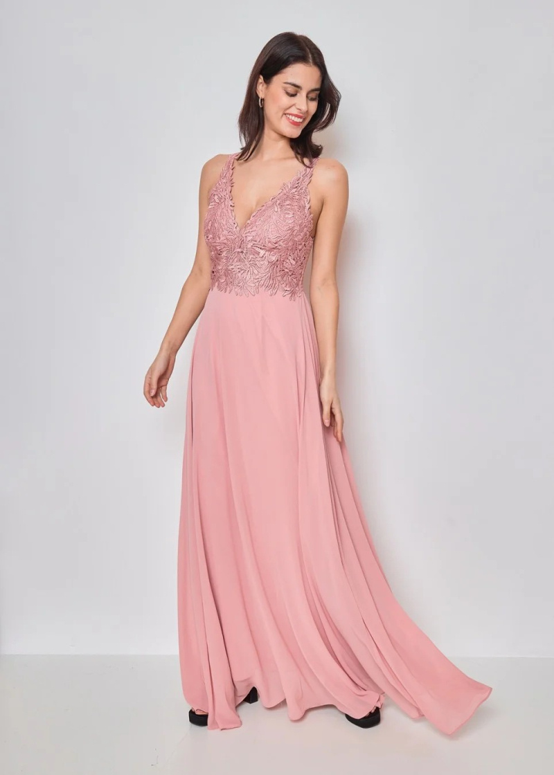 Grossiste Eva & Lola - Robe longue en mousseline avec effet dentelle sur la poitrine