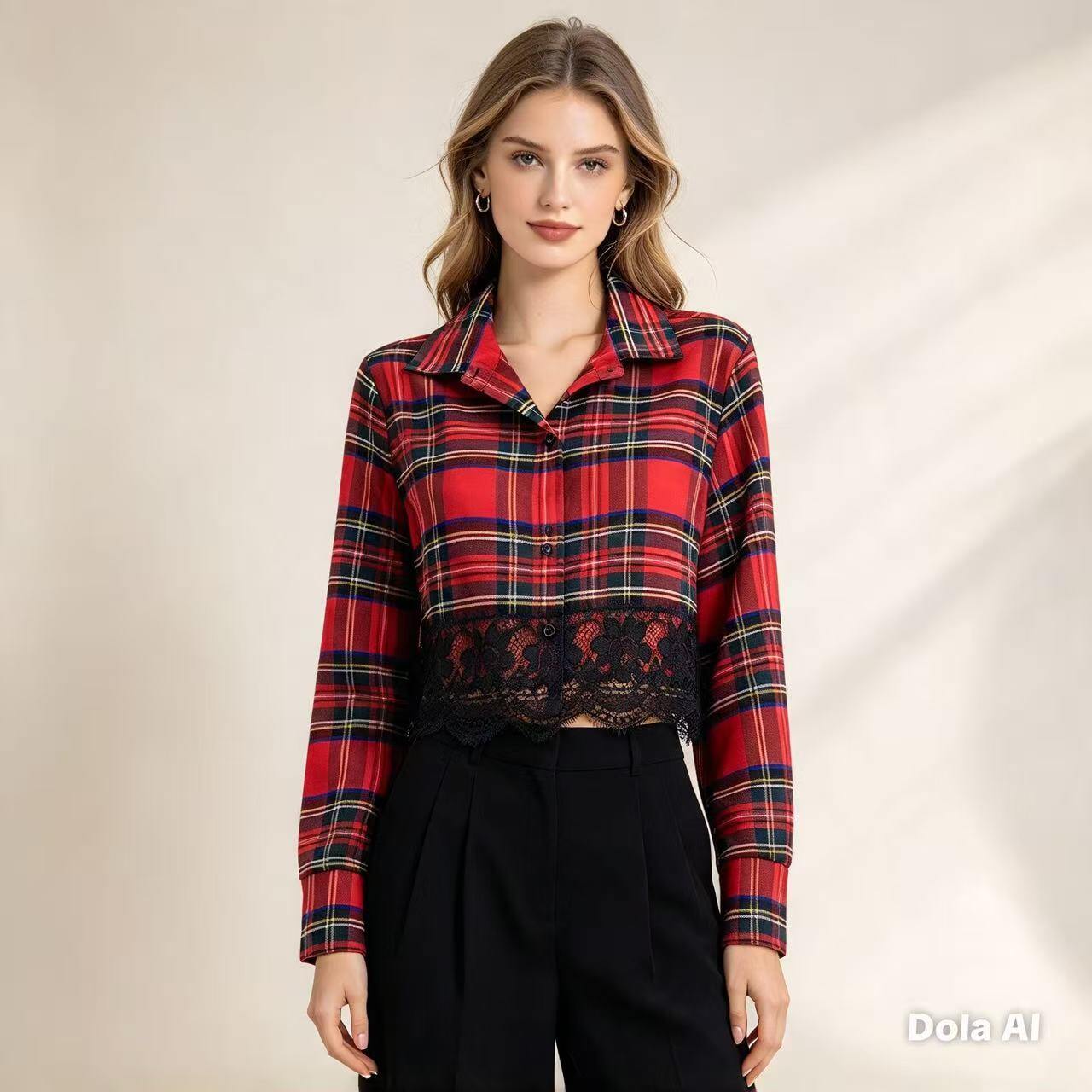 Grossista EVAMODA - Camicia corta scozzese rossa con orlo in pizzo nero