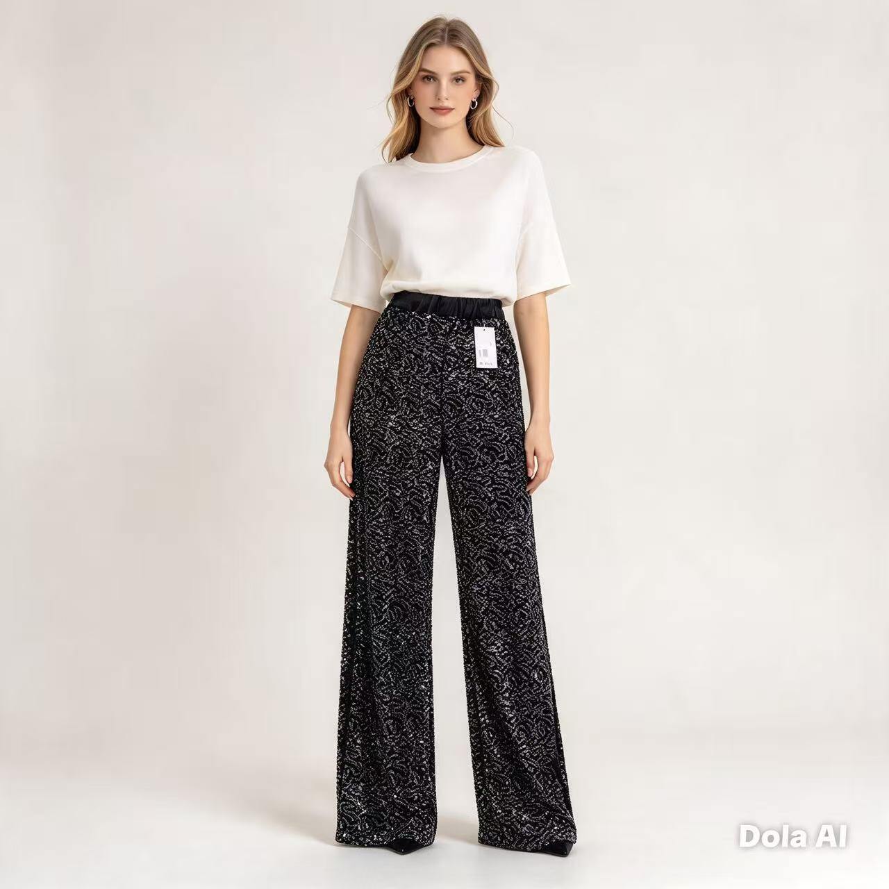 Grossista EVAMODA - Pantaloni palazzo neri con fantasia scintillante effetto paillettes