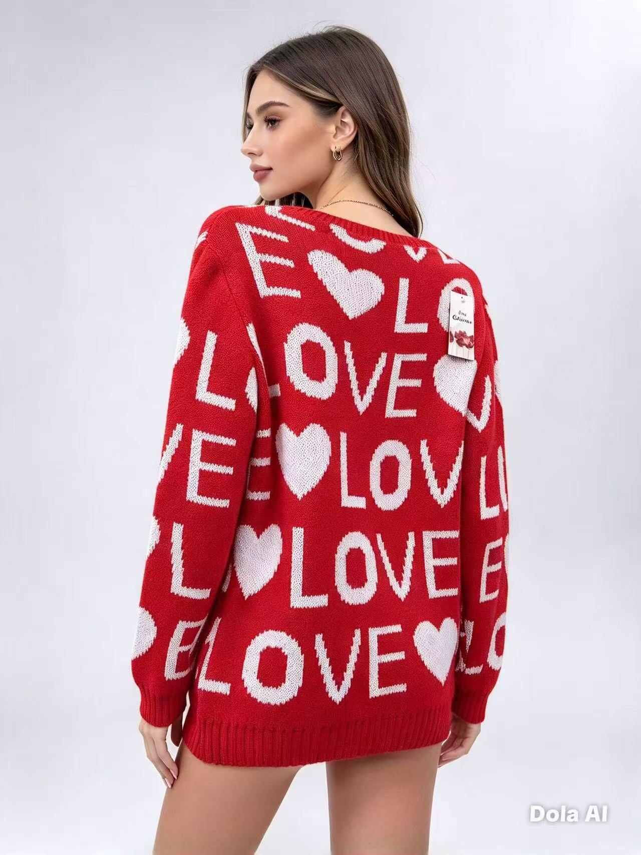Wholesaler EVAMODA - Red jacquard sweater with Love and white hearts