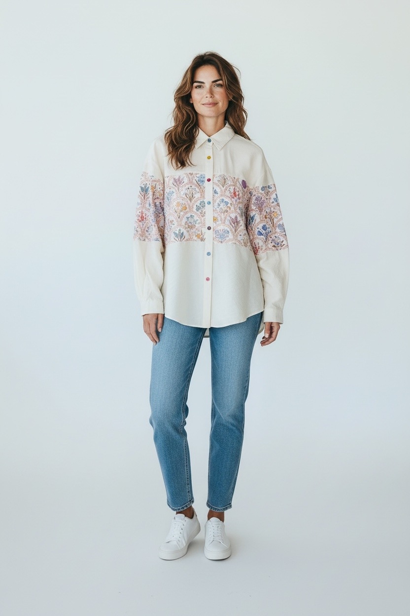 Grossista Excellent - Camicia in pizzo con motivo floreale e manica regolabile