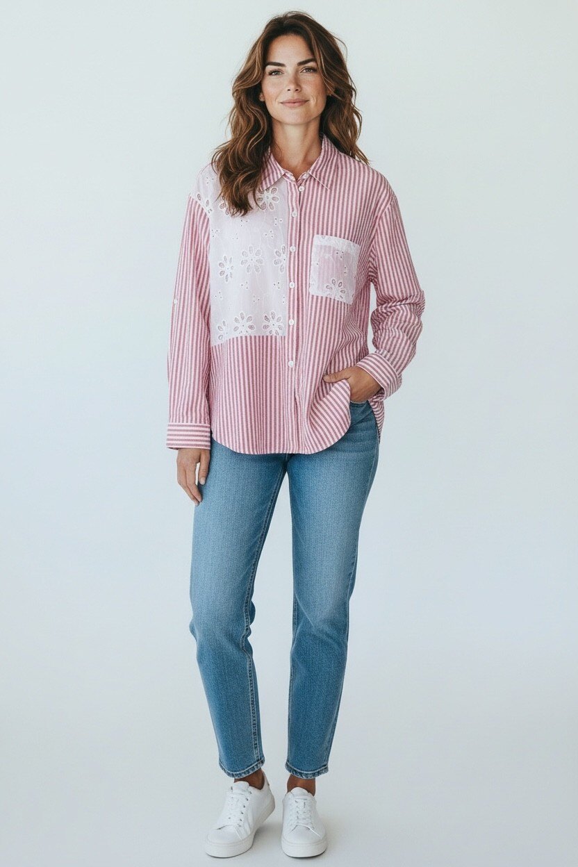 Grossiste Excellent - Chemise en coton à rayures avec dentelle partielle et poche