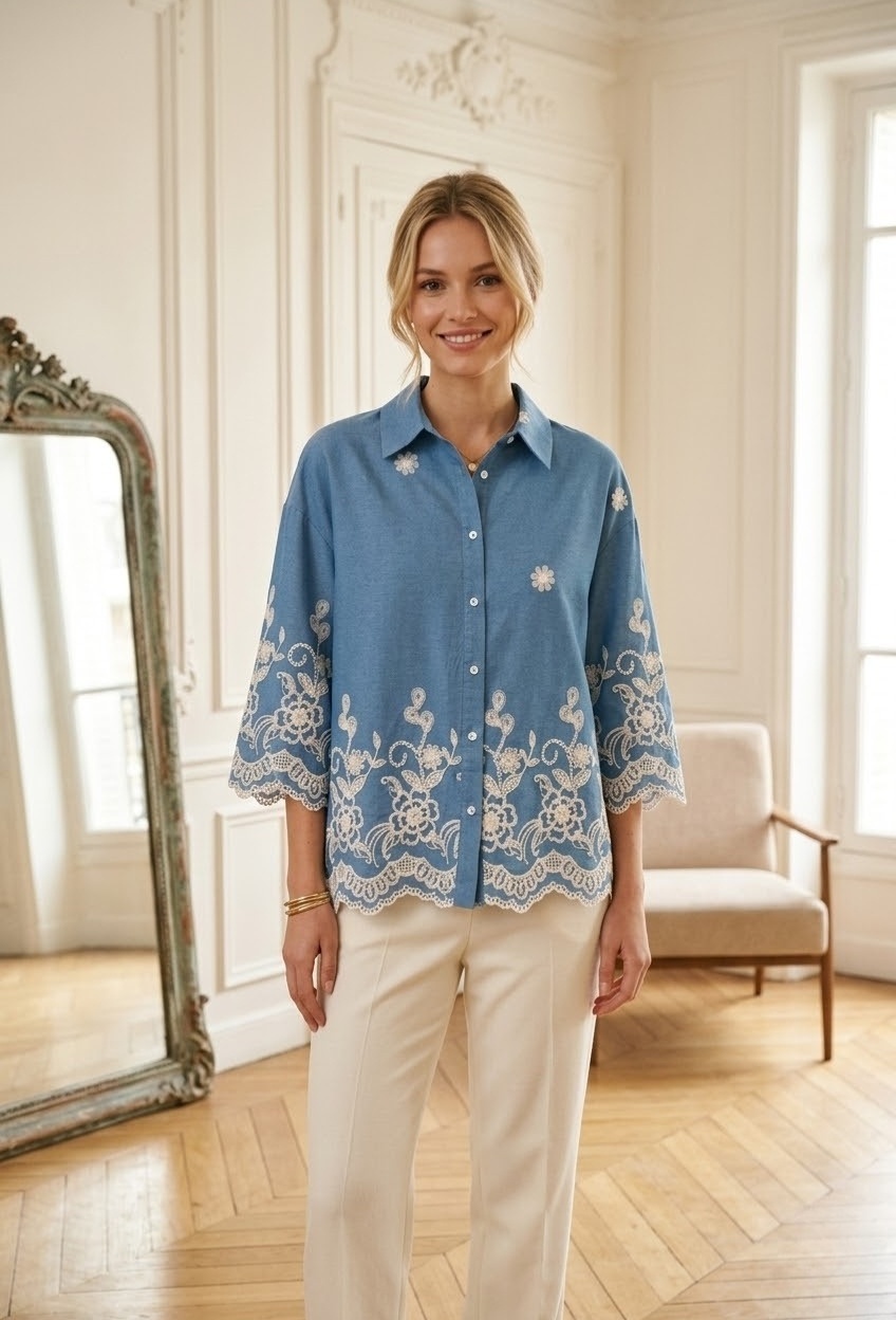Wholesaler Exquiss's - Embroidered blouse with 3/4 sleeves