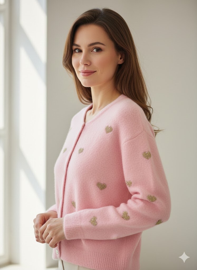 Light buttoned cardigan with heart patterns all over. Long sleeves and round neck, perfect for a casual yet chic style.