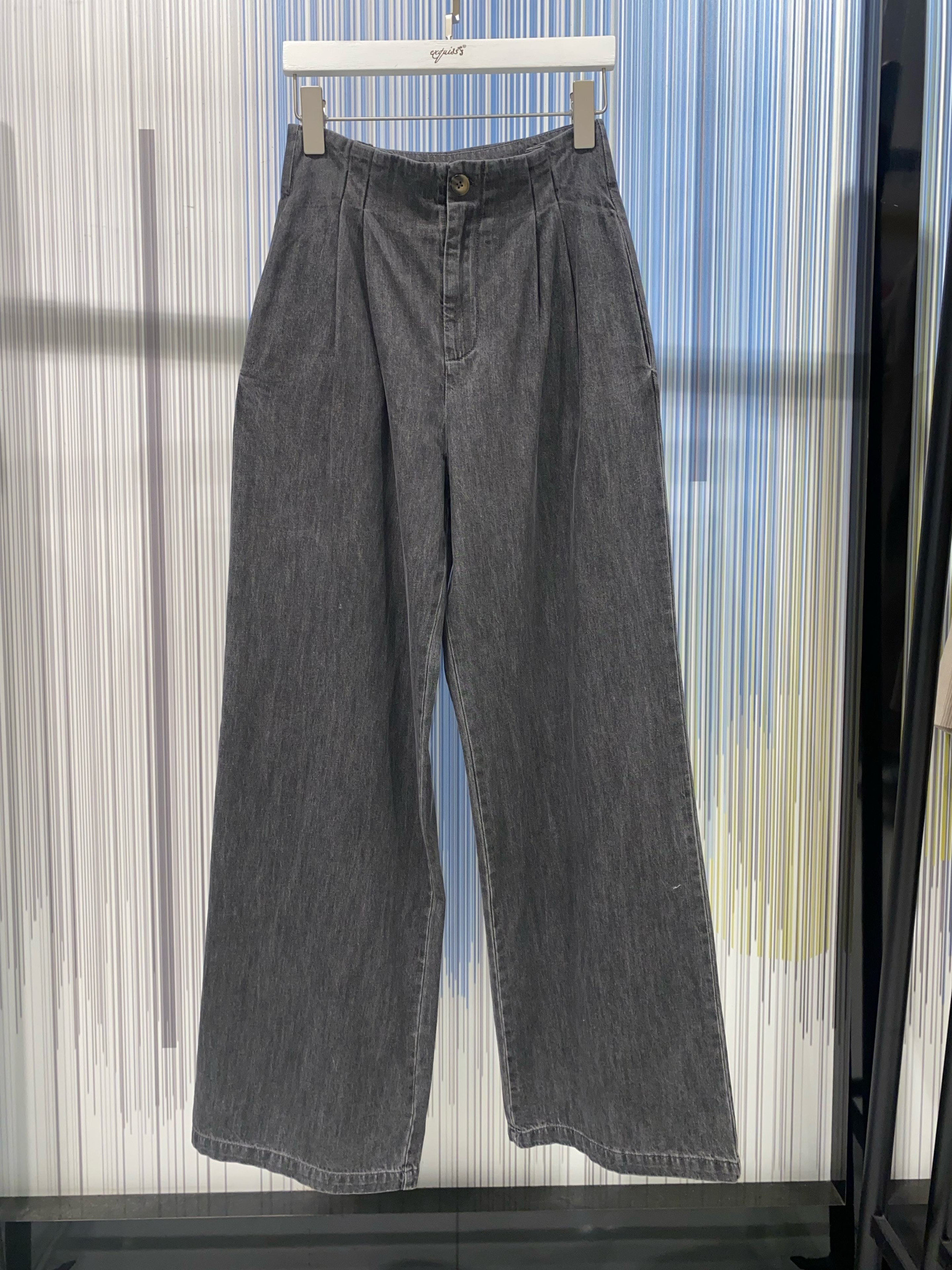 Grossiste Exquiss's - Pantlon large en denim taille haute avec plis élégants Large