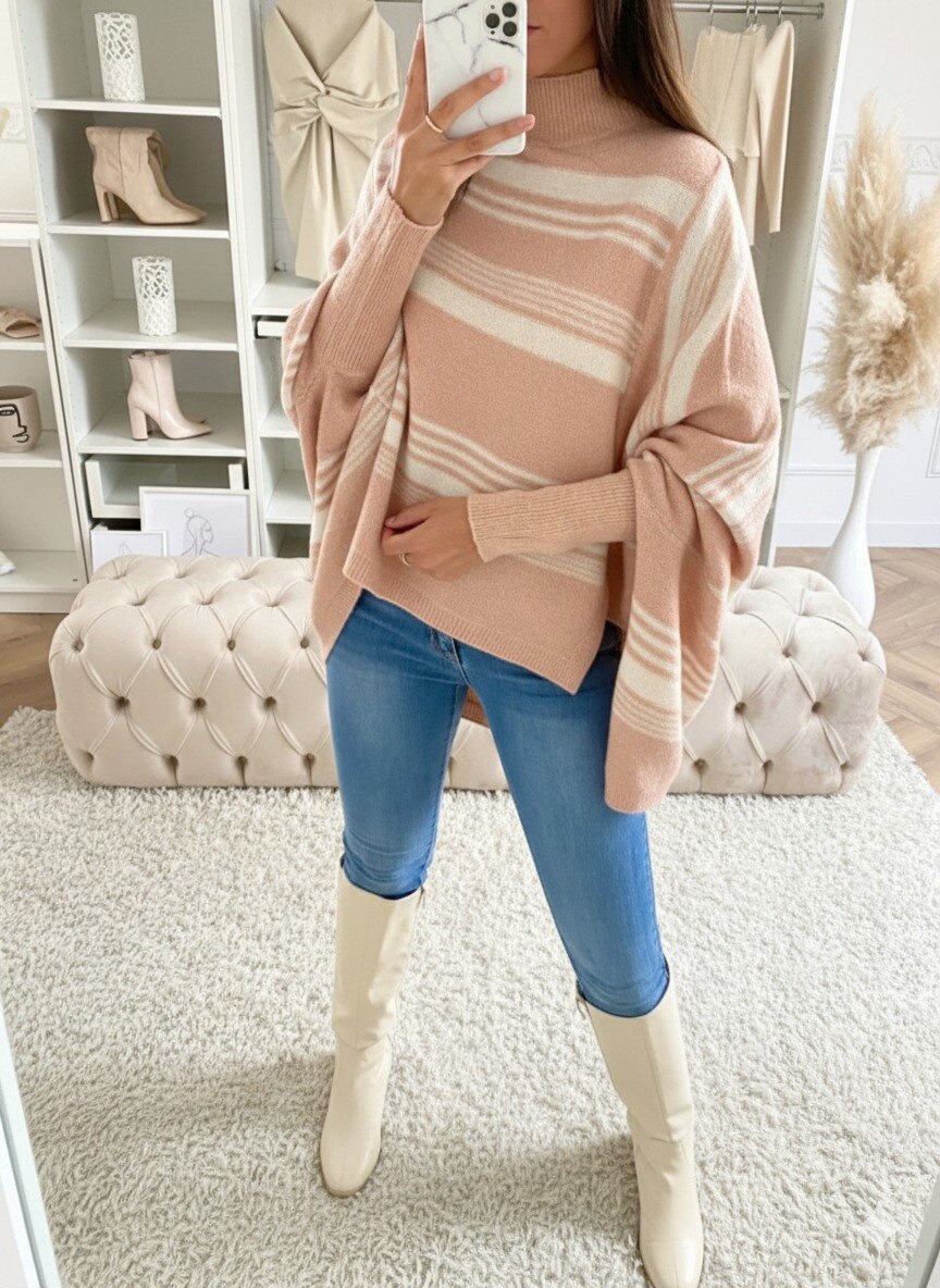 Chic pull ample à rayures verticales. Col montant et manches longues pour un style enveloppant. Détails de couture sur les côtés pour une touche moderne. Idéal pour un look décontracté et tendance. Exquiss's Paris