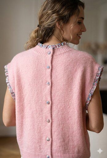 This sleeveless crop top features a round neckline and textured edges. Its soft fabric and relaxed fit make it perfect for a trendy, contemporary look.