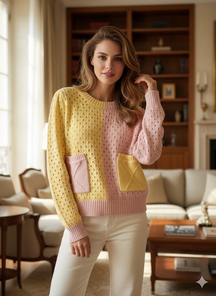 Ce pull en maille ajourée arbore un design unique avec des poches sur le devant. Il présente des manches longues et un col rond, offrant à la fois confort et style. Idéal pour une tenue décontractée, il se marie à merveille avec divers looks. Exquiss's Paris