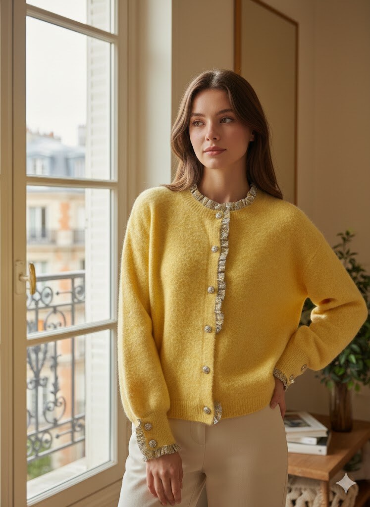 Loose cardigan in soft fabric with a round neck. Long sleeves with floral details at the cuffs. Decorative button closure. Perfect for a casual or elegant outfit.