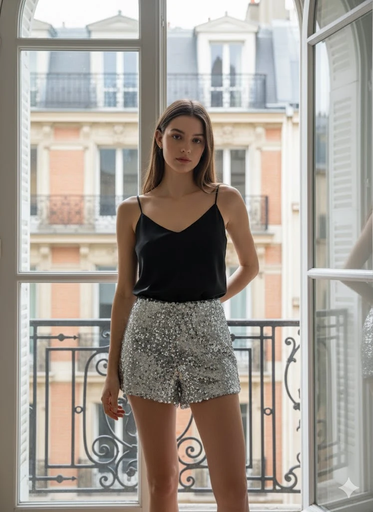 Dazzling sequin high-waisted shorts with a slight flare. Perfect for evenings, this piece stands out for its shine and comfort. Ideal for a chic and festive look. Exquiss's Paris