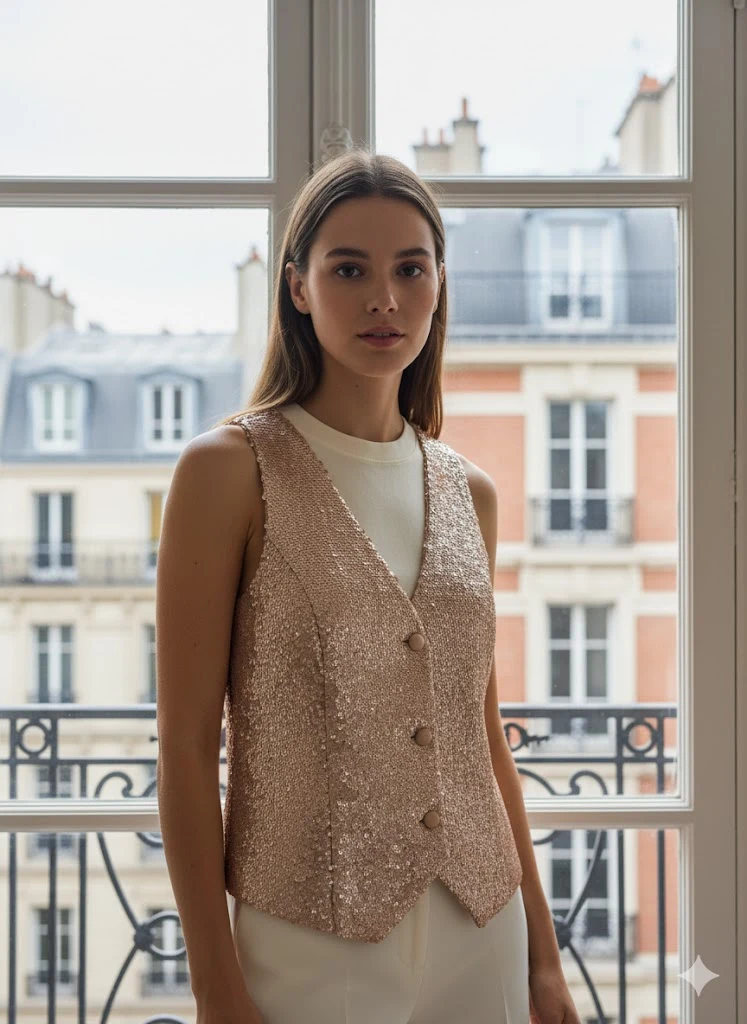 Sleeveless V-neck top adorned with sparkling sequins. Perfect for an evening out. Refined details and slightly fitted for a chic and trendy look. Exquiss's Paris