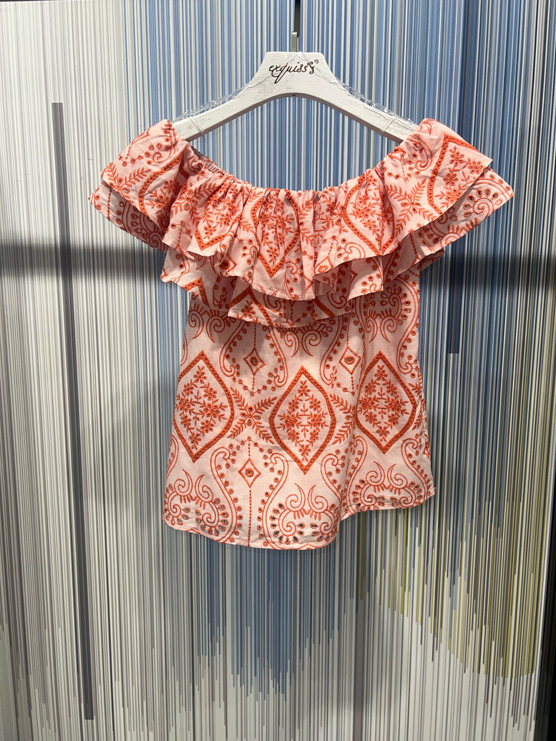 Wholesaler Exquiss's - Bare shoulder top with ethnic ruffles and embroidery