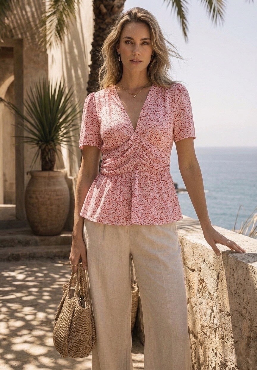 Grossista Exquiss's - Top floreale drappeggiato in vita