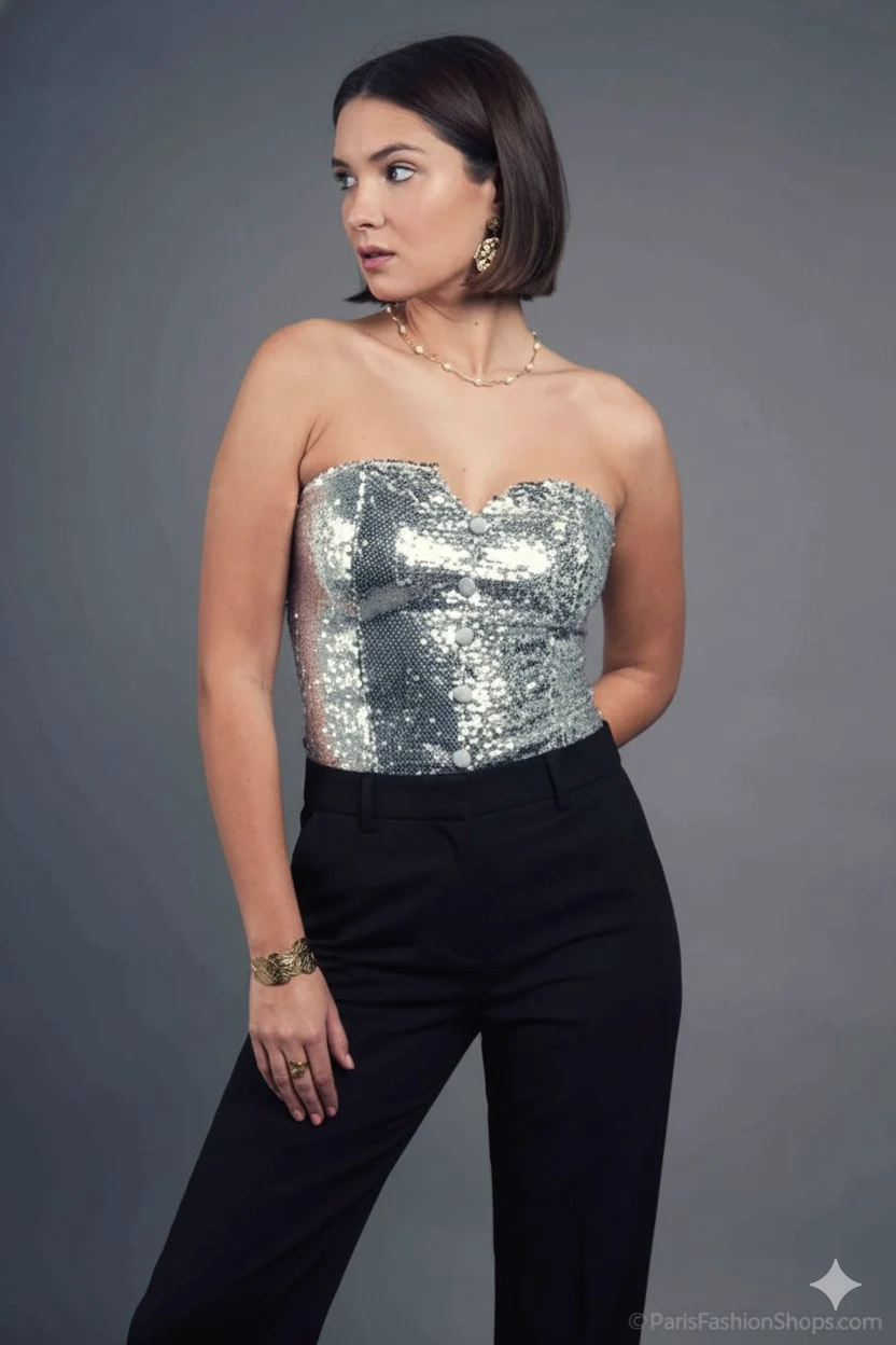 Ce top ajusté sans manches présente un décolleté en cœur et un tissu à sequins pour un effet brillant. Détails sculptants et coupe moderne, idéale pour les événements festifs. Exquiss's Paris