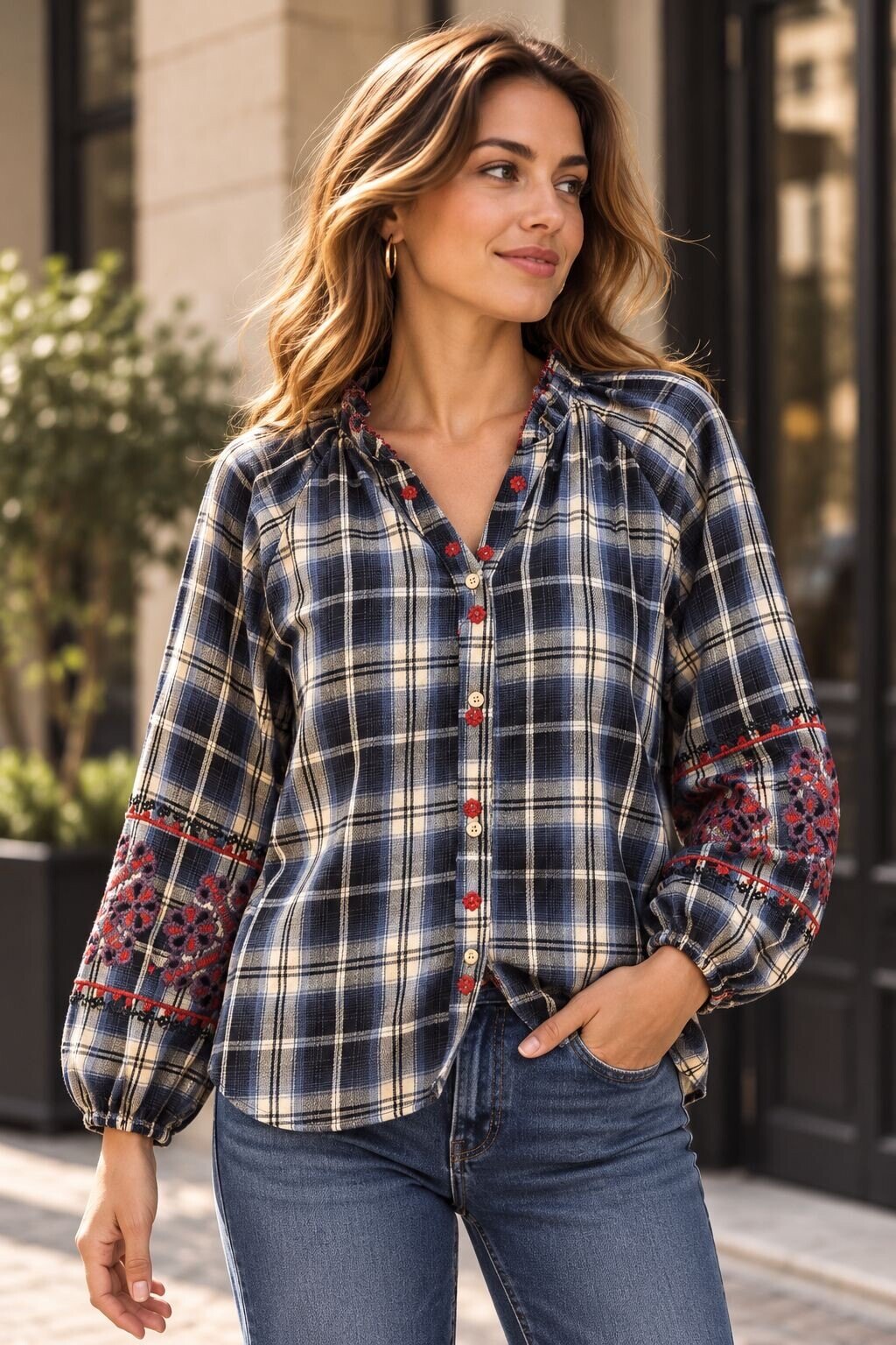 Mayorista Farfalla - Camisa de cuadros bordada