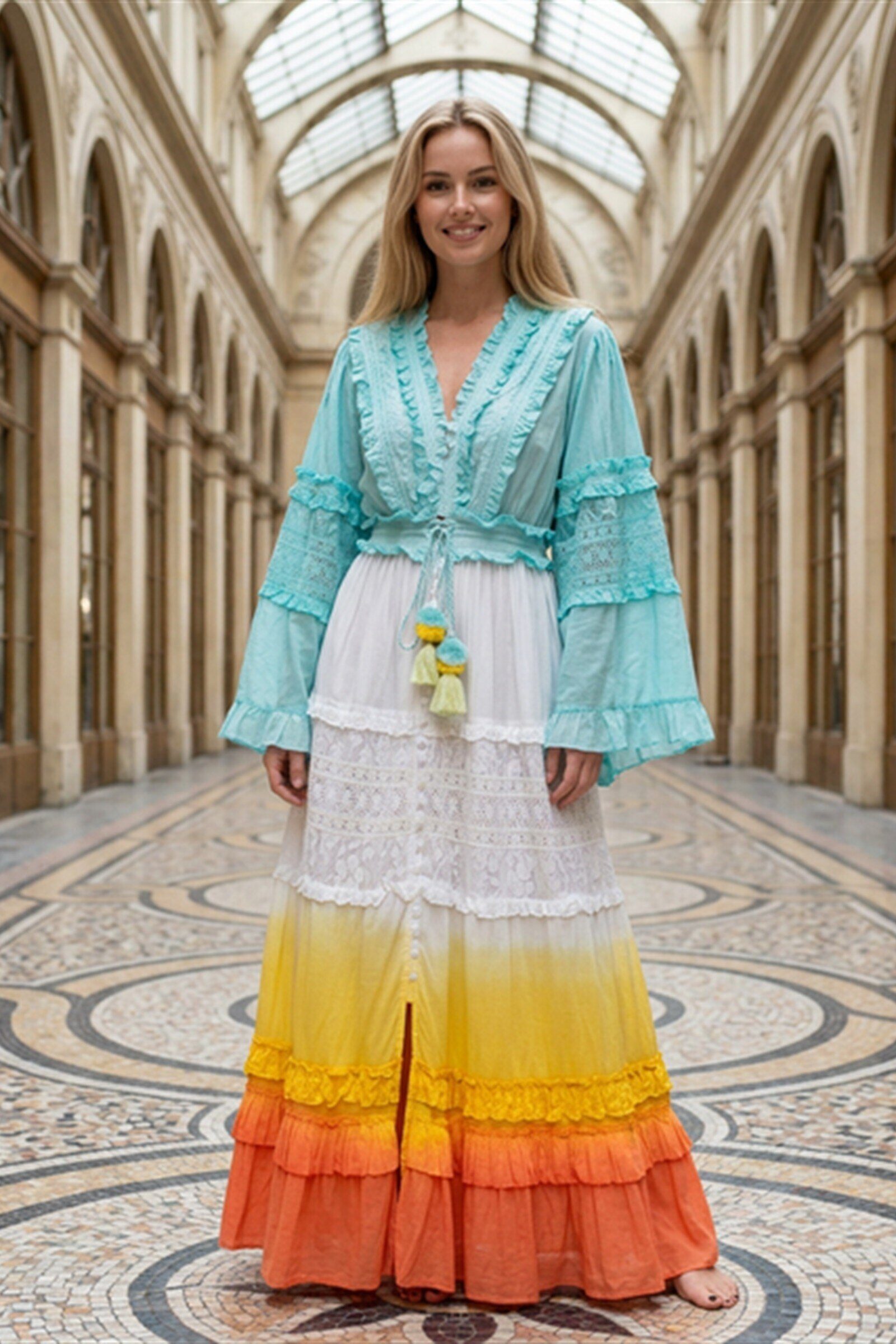Mayorista Farfalla - Vestido maxi con volantes y mangas largas