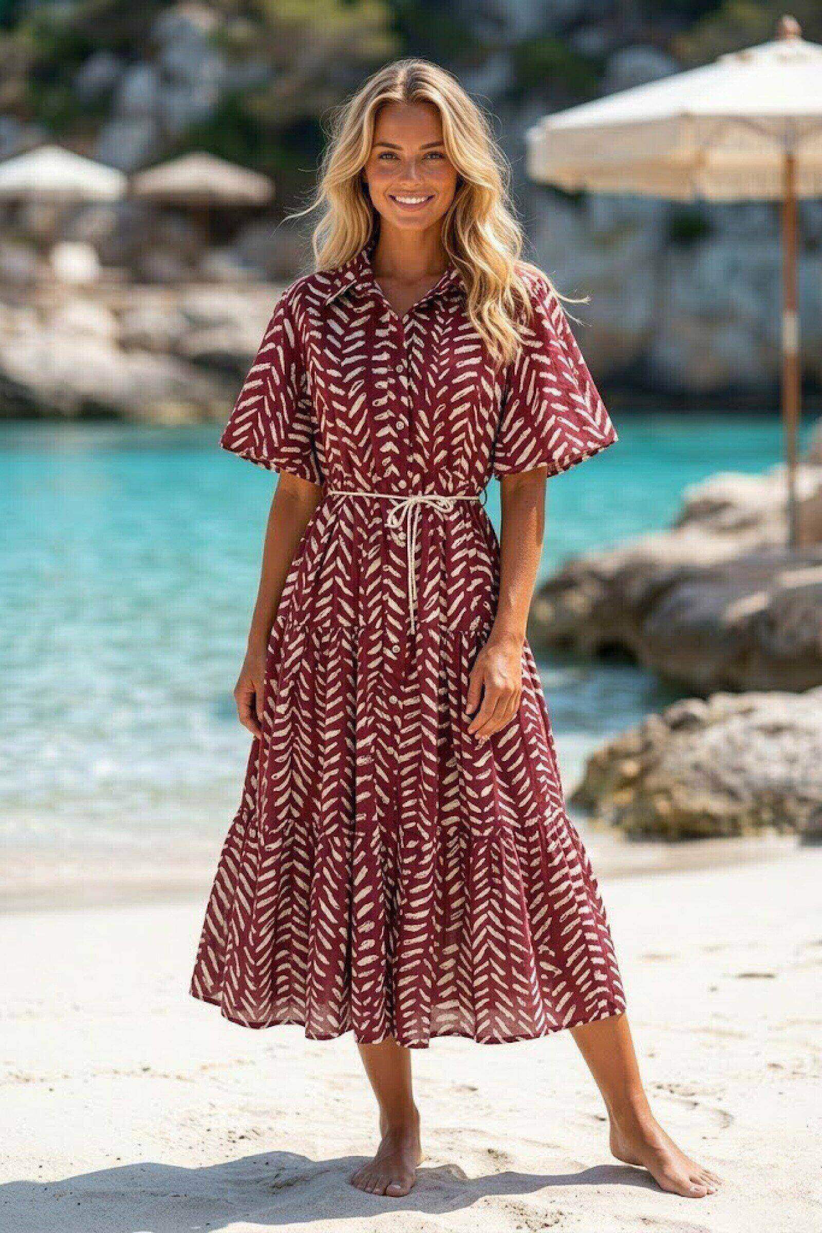 Großhändler Farfalla - Bedrucktes Baumwollkleid mit Knöpfen