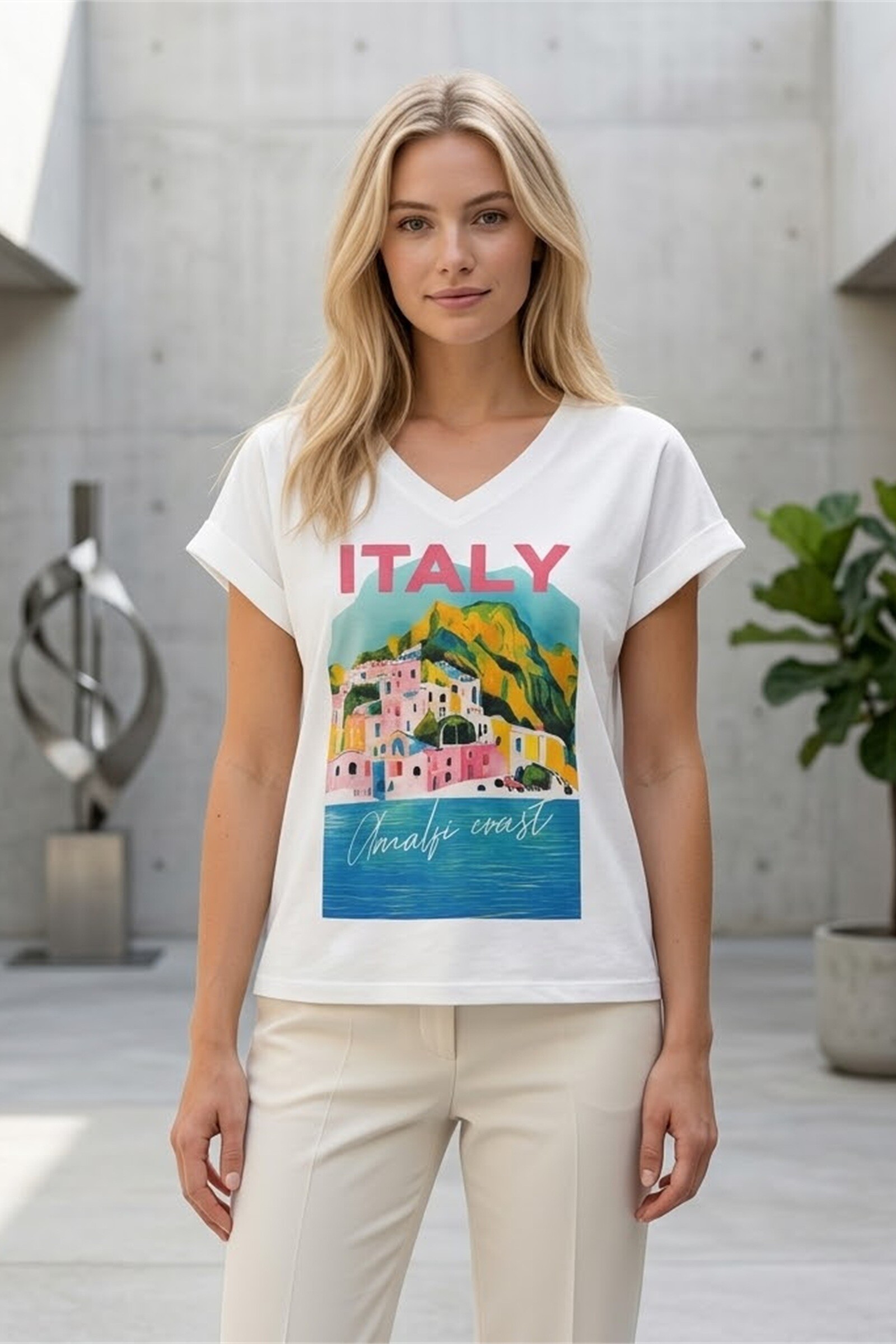 Wholesaler Farfalla - Limoncello Print V-Neck T-Shirt