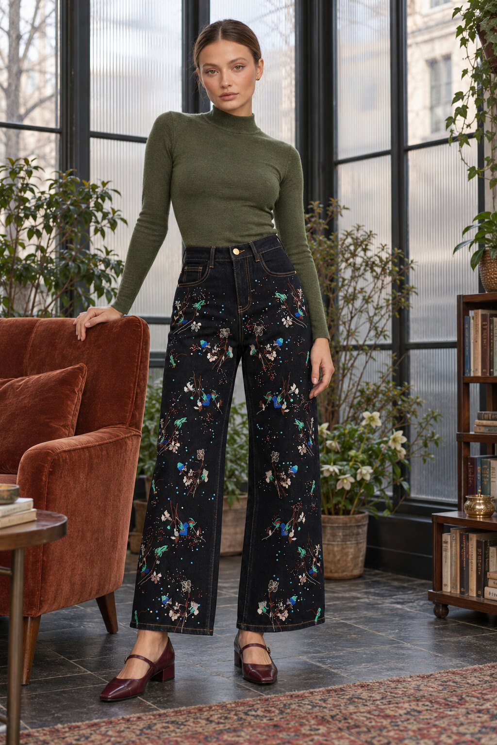 Mayorista FASHION SELECT x DAYSIE - Vaqueros de mujer de pierna ancha azul oscuro con bordados florales