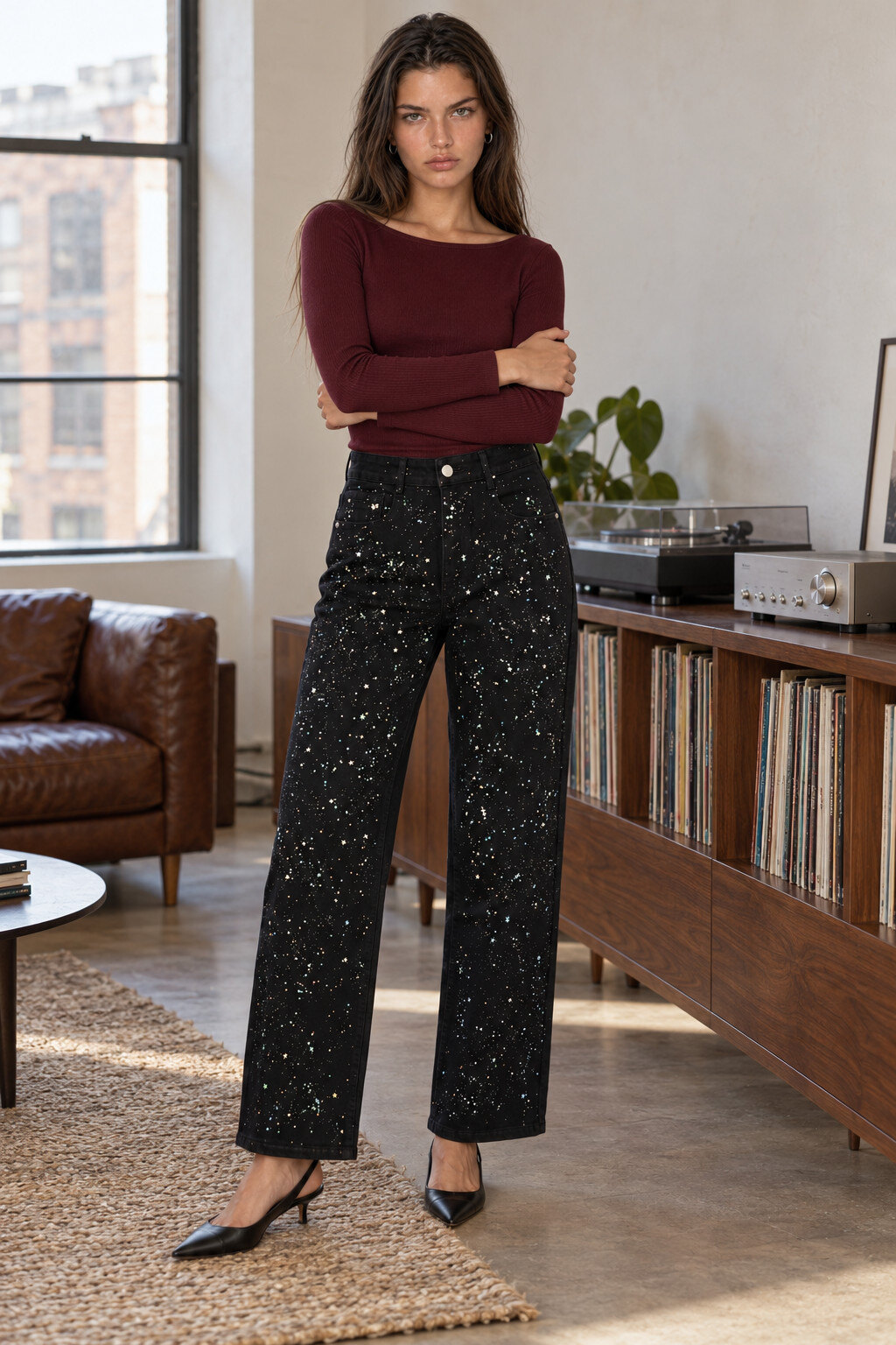 Wholesaler FASHION SELECT x DAYSIE - Black wide-leg jeans with star sequins for women