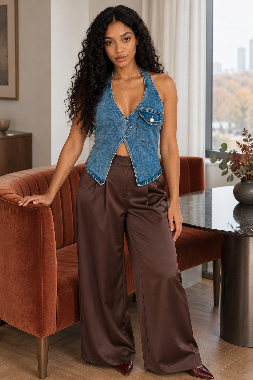 Wholesaler FASHION SELECT x DAYSIE - Open-back denim waistcoat with halter neck for women