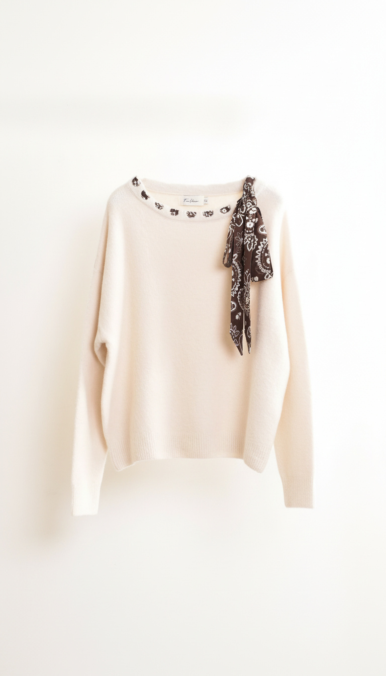 Pull étirable pour femme en polyamide et laine, foulard intégré