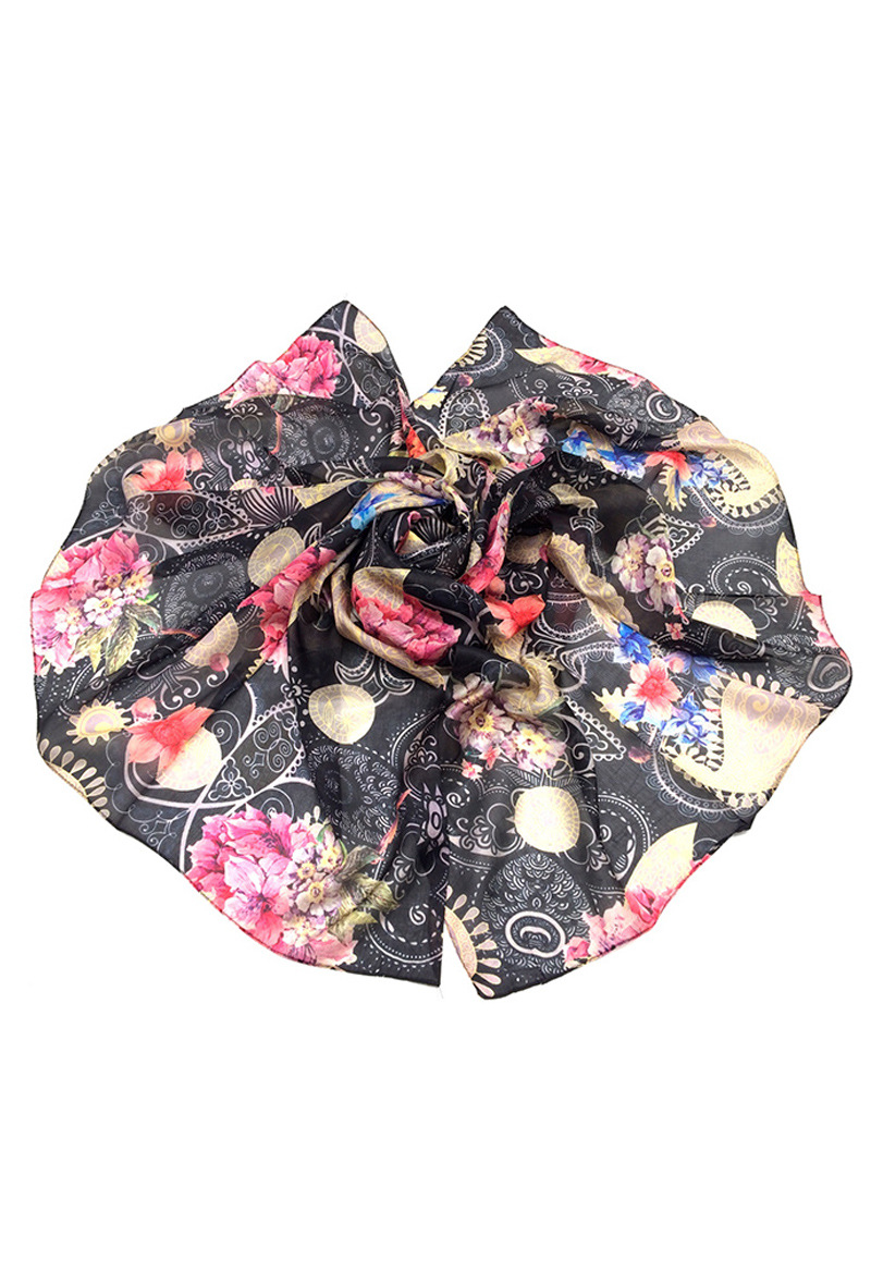 Grossiste Feelmoon - ÉCHARPE EN SOIE AVEC BASE NOIRE IMPRIMÉE DE MOTIFS PAISLEY ET FLEURS