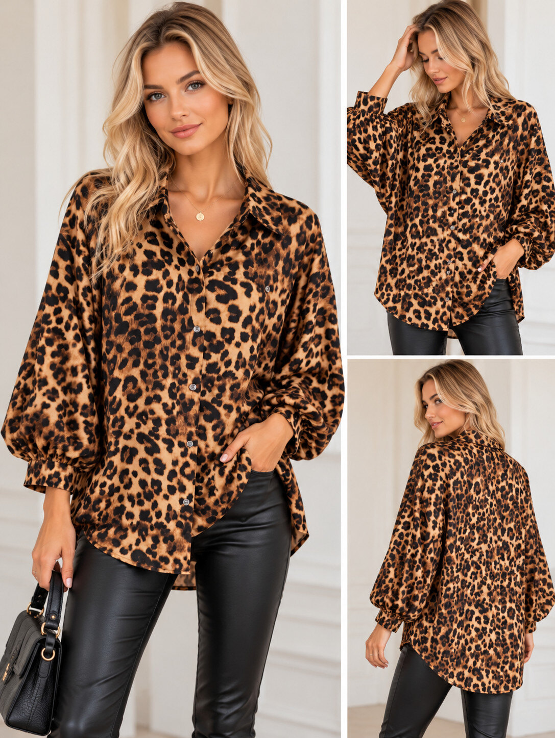 Großhändler FEELOOK - Oversize-Leopardenhemd mit Puffärmeln