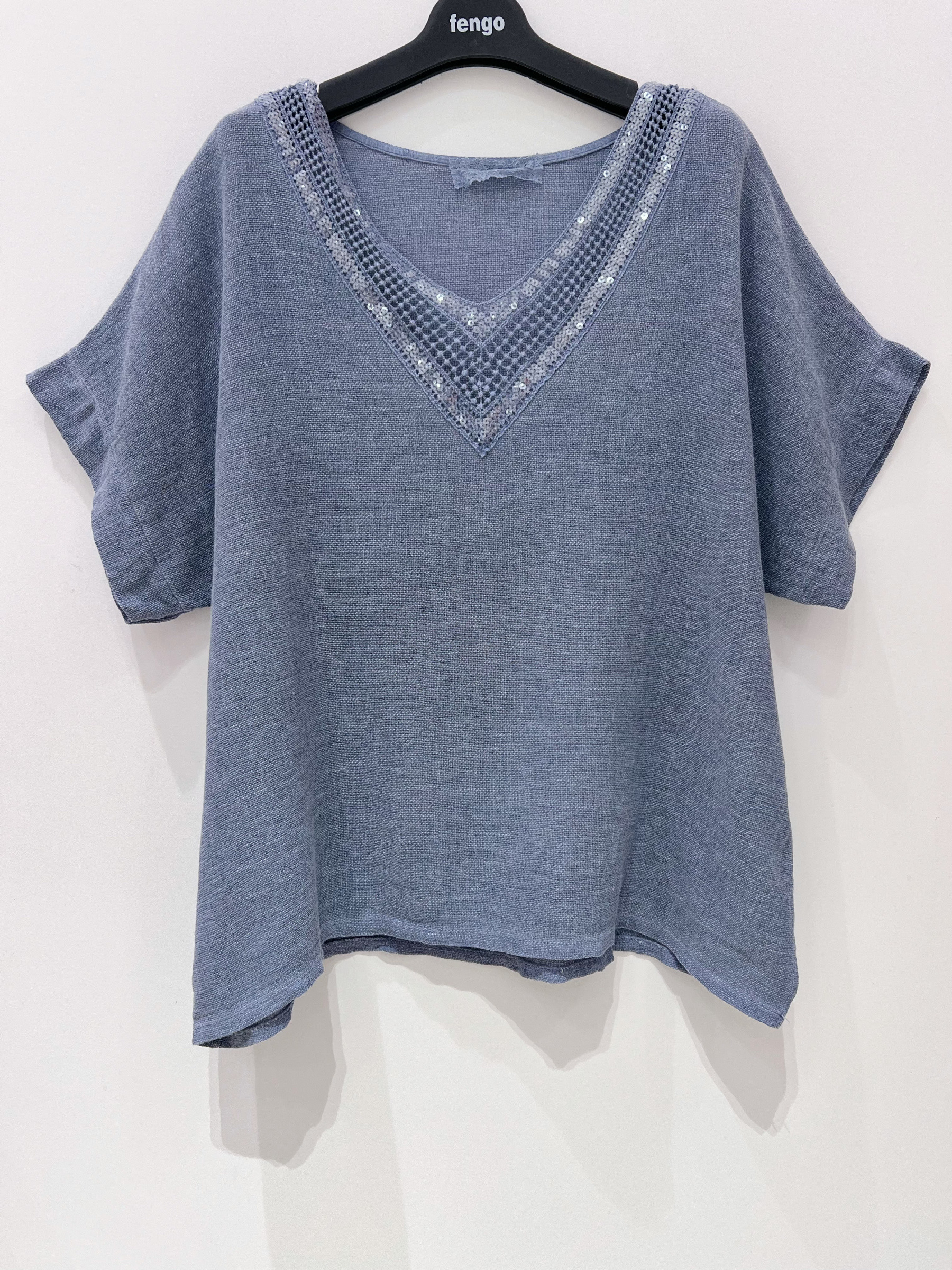 Wholesaler Fengo by Pretty Collection - Short-sleeve blouse with sequins in a linen/cotton blend