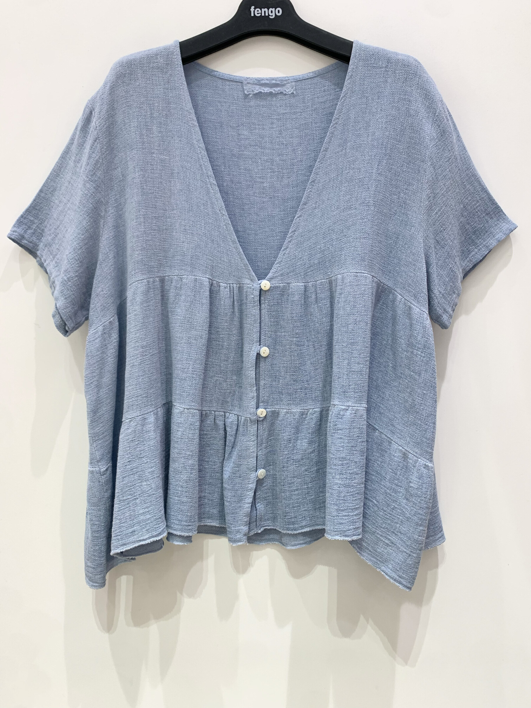 Grossiste Fengo by Pretty Collection - Blouse col v, boutonné et manches courtes, en lin ⁄ coton