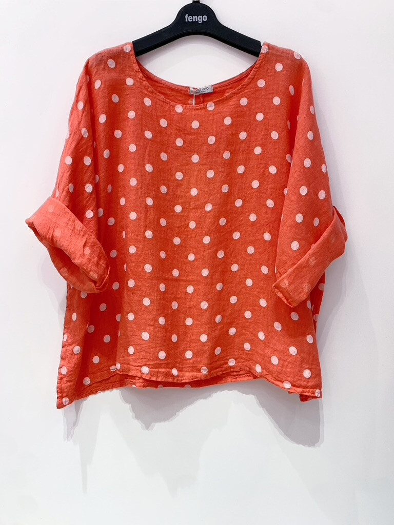Grossista Fengo by Pretty Collection - Blusa con stampa a pois, maniche corte, in lino al 100%