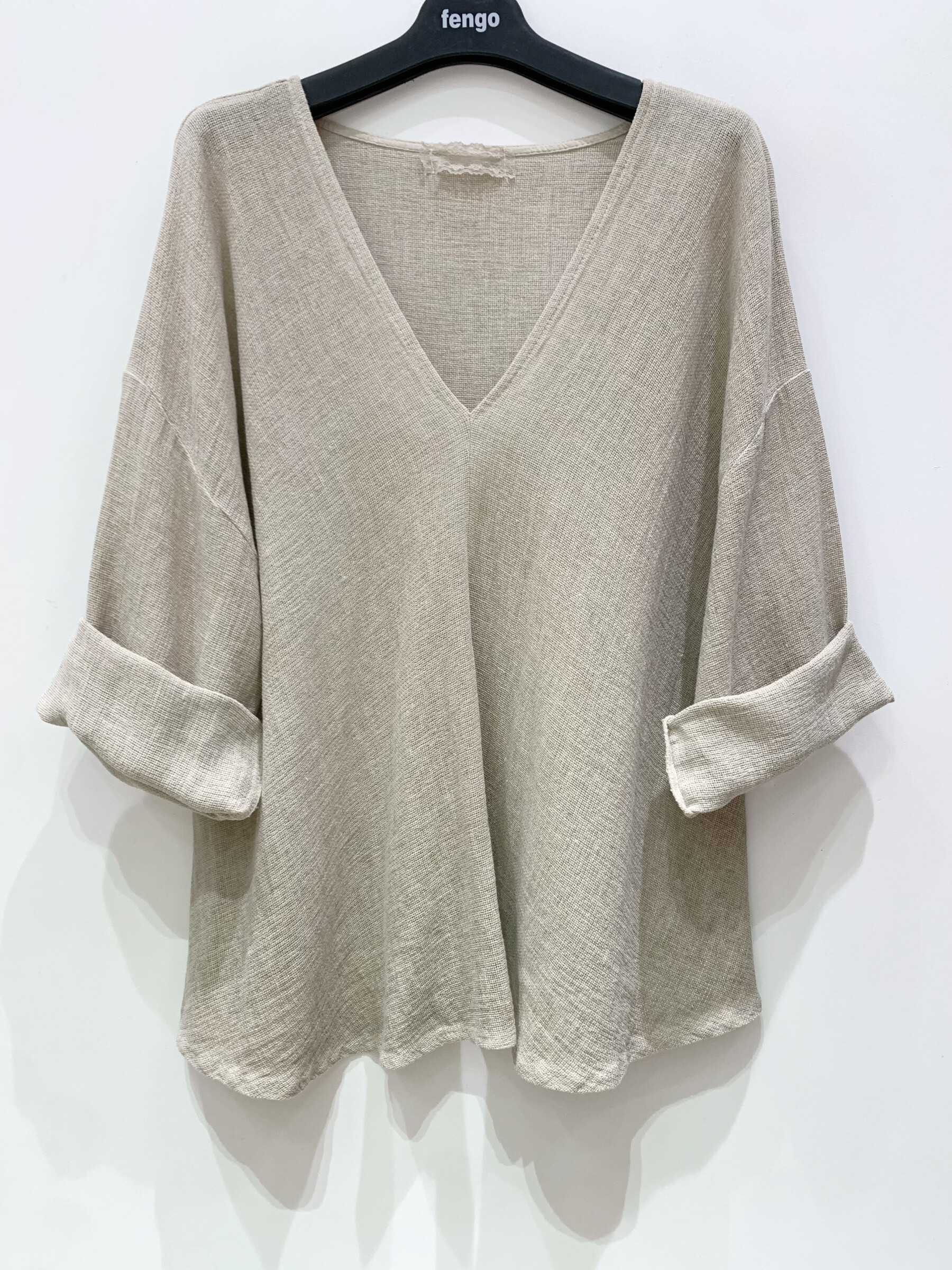 Großhändler Fengo by Pretty Collection - Bluse mit V-Ausschnitt und langen Ärmeln, aus einer Leinen ⁄ Baumwollmischung. Einheitsgröße, passend für Größen 36-40 ⁄ 42