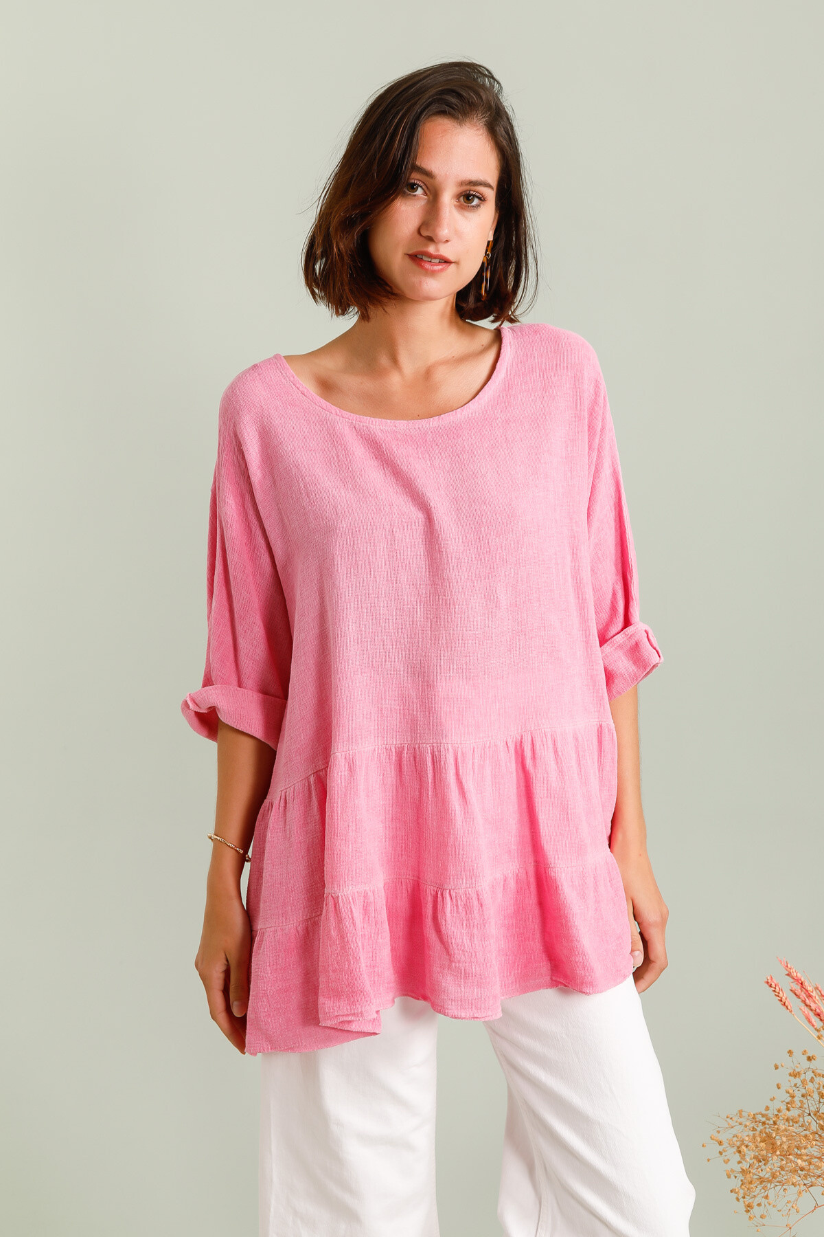 Grossiste Fengo by Pretty Collection - Blouse large avec manches courtes en mélange lin ⁄ coton