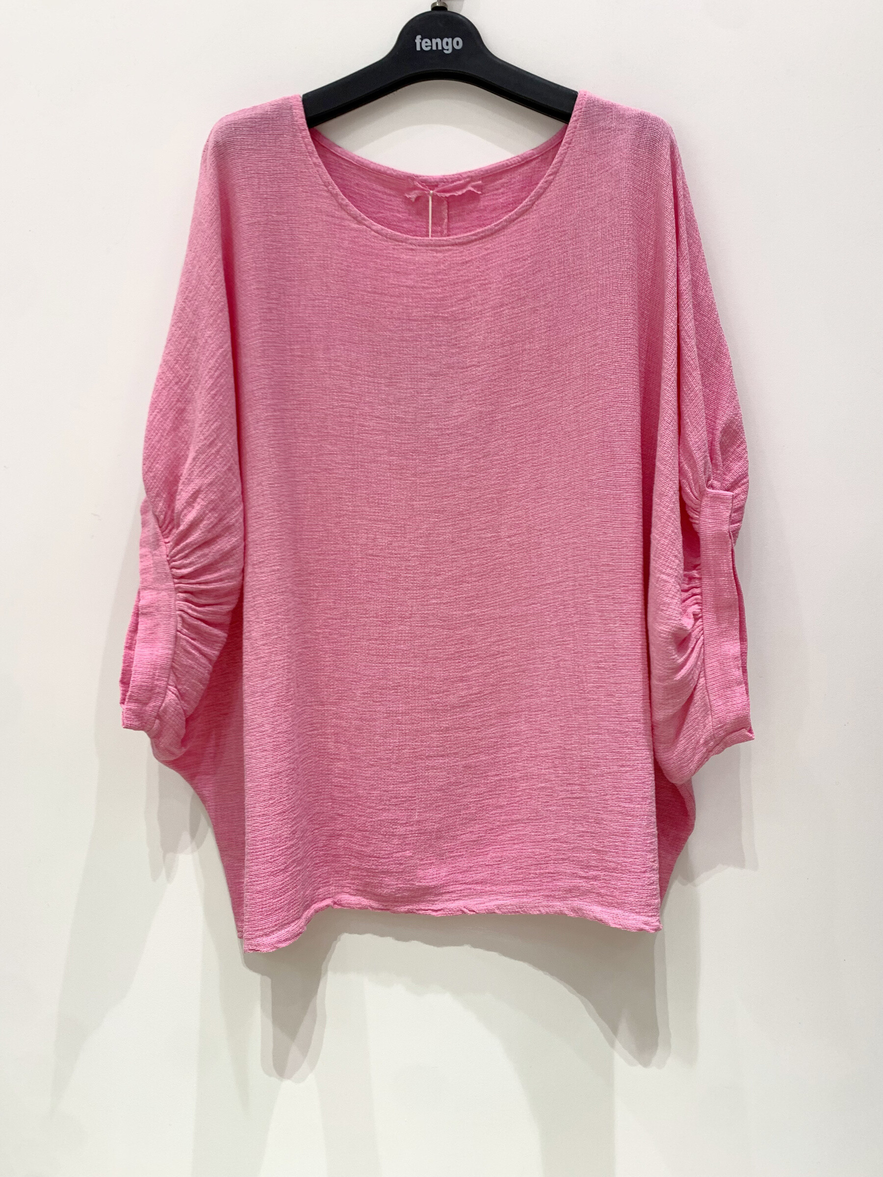 Grossista Fengo by Pretty Collection - Blusa in lino ⁄ cotone con maniche corte a sbuffo