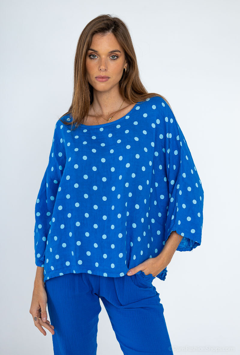 Großhändler Fengo by Pretty Collection - Weite Leinenbluse, gepunktet