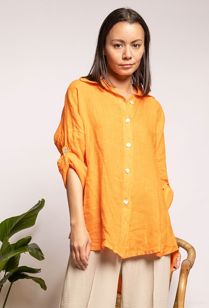 Grossiste Fengo by Pretty Collection - Chemise boutonnée en lin, coupe large et manches 7/8